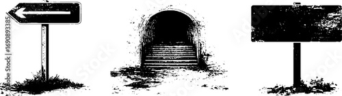Urban grunge black and white illustration set featuring street signs and tunnel scene