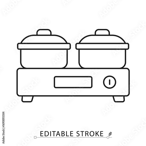 A food warmer icon in minimalist style with editable stroke. Kitchen appliance symbol, meal heating element, buffet object, catering concept, restaurant pictogram, household equipment design