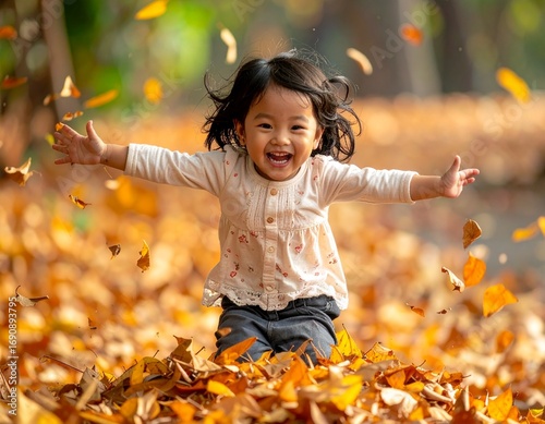 Joyful young child with arms outstretched, playing in a bed of autumn leaves.