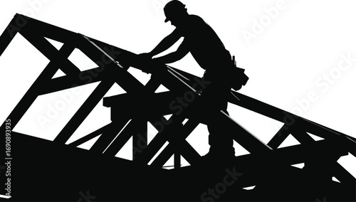 Construction worker silhouette on roof frame, black carpenter man working with wooden beams, roofer builder handyman labor illustration black silhouette