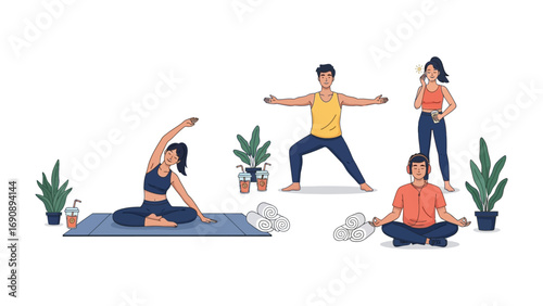 Diverse group of people practicing yoga and meditation in a bright airy space with potted plants promoting wellness and healthy lifestyle