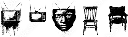 Vintage grunge black and white television and furniture illustration set for creative design