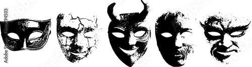 Dramatic grunge black and white theatrical mask collection for design