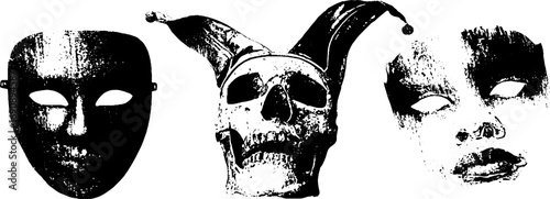 Grunge black and white theatrical mask set - vintage drama art for creative design