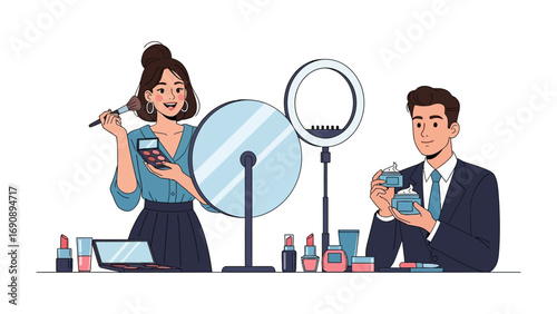 Young woman applying makeup with brush and palette while man holds perfume bottle in front of ring light and mirror