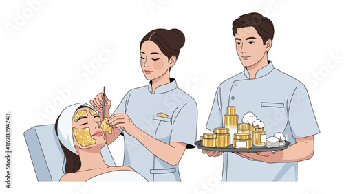 Professional spa treatment with a beautician applying a golden facial mask to a relaxed woman while a male assistant holds skincare products