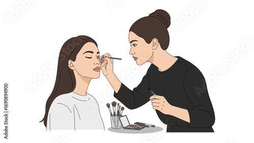 Professional makeup artist applying cosmetic product to a young woman s face with a brush in a studio setting