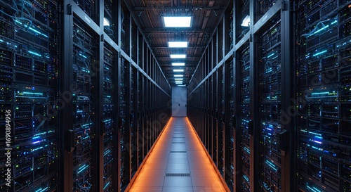 Digital representation of a modern data center hallway with endless rows of server racks, showcasing futuristic technology and network infrastructure