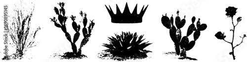 Grunge black and white thorny plants and crown silhouette set for urban design