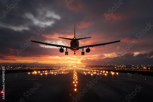 Airplane landing at sunset over city (1)