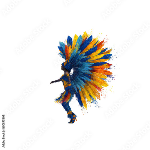 Vibrant Carnival Dancer in Feather Costume, Dynamic Pose