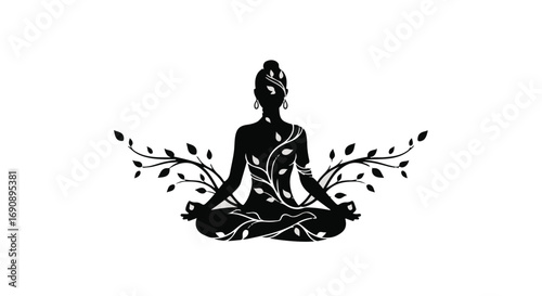 Silhouette of a person in meditation pose with organic floral vine elements, symbolizing peace and growth.