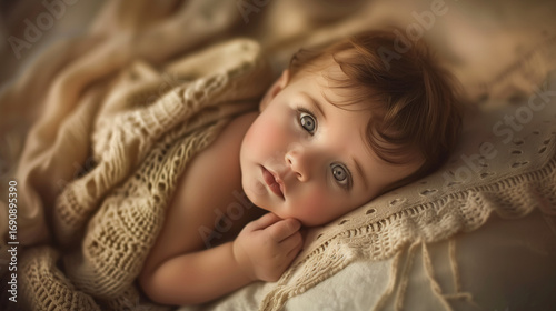 A beautiful, intimate moment of a baby boy lying comfortably on a bed, wrapped in a soft blanket.