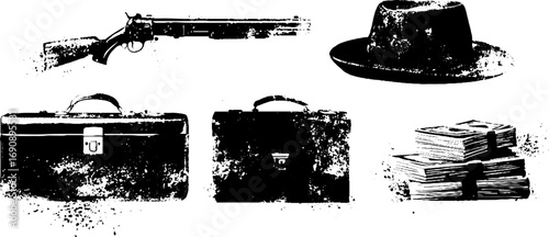 Vintage grunge black and white illustration: set of retro items for design