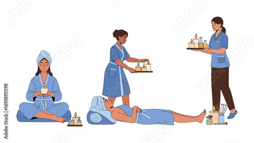 Diverse women in spa robes receiving relaxing treatments and massages in a serene wellness center environment with aromatherapy