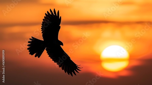 Silhouette of an eagle soaring against a vibrant sunset sky, its wings spread wide, capturing the essence of freedom and the beauty of natures spectacle