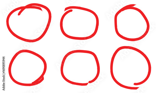 Set of drawn oval red circles in different shapes. Hand drawn circular scribble doodle round circles for message and for note mark. Marker ellipses frames in sketch style. Vector illustration. EPS 10 