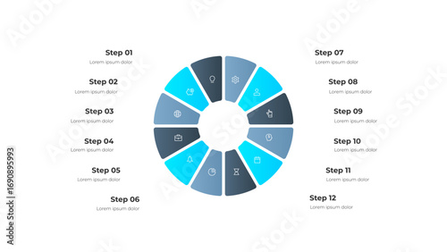 Infographic illustration featuring a circular twelve step process. Useful for visualizing workflows, procedures, and strategies across industries such as business and project management