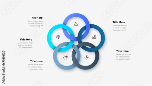 Modern infographic design showcasing interconnected rings in shades of blue, representing business or strategy ideas. Perfect for presentations, reports, or marketing purposes