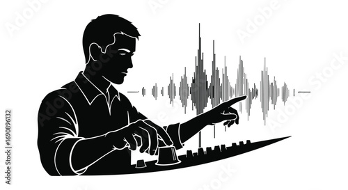 Sound engineer adjusting audio levels with waveform visualization, creating music or editing sound.