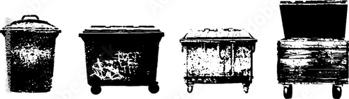 Grunge black and white illustration set of trash bins for urban design and art projects