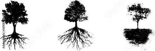 Grunge black and white tree silhouette set with roots for vintage art and design projects