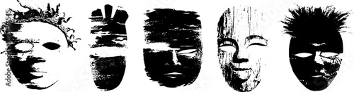 Tribal mask collection in grunge black and white for urban art and design projects