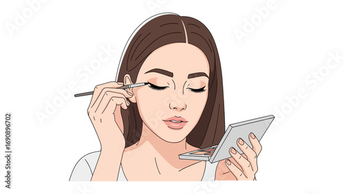 Young woman applying eye makeup with a brush and mirror focusing on her eyelashes and eye shadow for a polished look