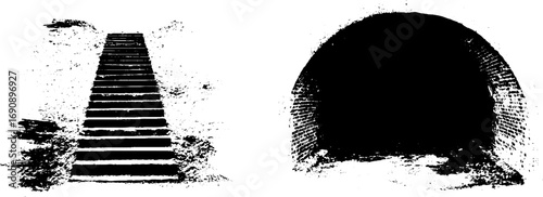 Grunge black and white illustration of underground tunnel and stairway for urban design