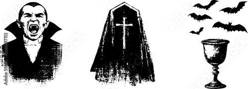 Black and white grunge vampire illustration set with dracula, coffin, bats, and chalice for spooky designs