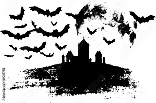 Gothic halloween design with vampire bats and haunted castle silhouette for posters and art prints