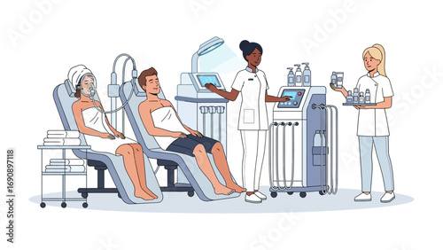Diverse medical team of nurses and doctors assisting patients in a modern clinic with advanced medical equipment and technology