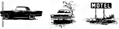 Vintage black and white grunge illustration set featuring classic cars and motel sign