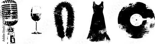 Grunge black and white vintage set with microphone, wine glass, feather boa, dress, and vinyl record