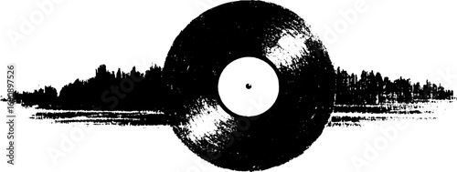 Grunge black and white vinyl record illustration set for music-themed designs