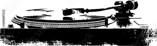 Vintage grunge black and white vinyl record player illustration design