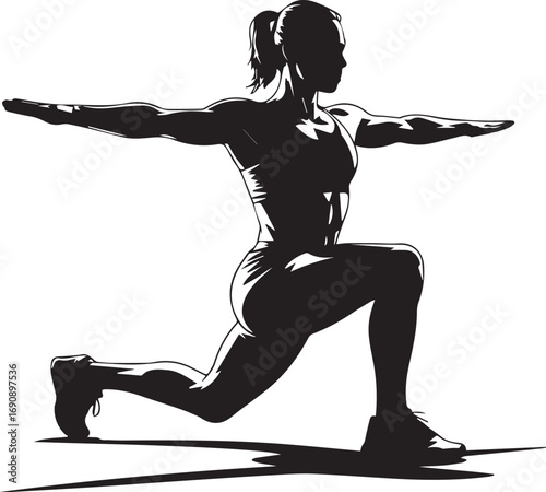Dynamic silhouette of a fit woman performing a lunging exercise with arms extended for balance
