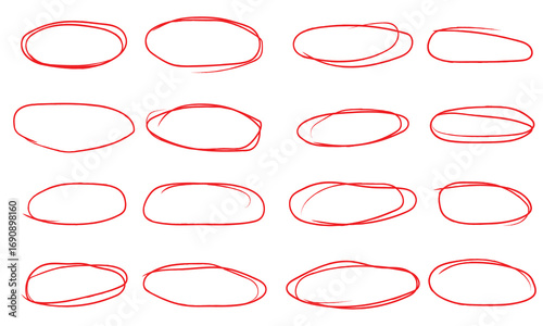Set of drawn oval red circles in different shapes. Hand drawn circular scribble doodle round circles for message and for note mark. Marker ellipses frames in sketch style. Vector illustration. EPS 10 