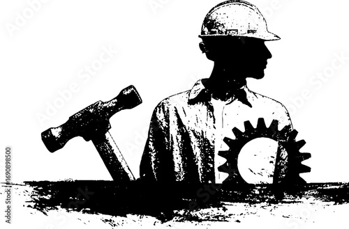Grunge black and white worker set with hammer gear silhouette for urban design