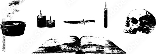 Grunge black and white zombie illustration set with skull, candles, knife, and open book