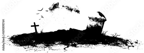 Grunge black and white zombie scene with graveyard elements for halloween designs