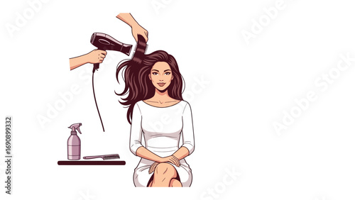 Young woman with long dark hair sitting in a salon chair while a stylist uses a hairdryer and comb to style her hair