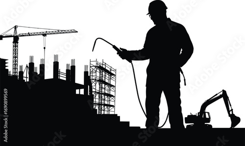 Welder silhouette with torch, construction worker welding, industrial black illustration, building site with cranes, scaffolding, excavator, rebar columns, structural engineering