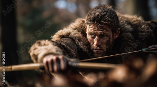 Esau hunting in a foggy forest at dawn, crouched with bow drawn, eyes sharp in the mist, trees looming like shadows, silence heavy with tension of survival and the wild.