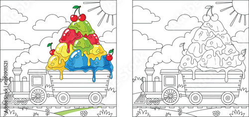 Cartoon Train Carrying Giant Ice Cream Sundae with Cherries