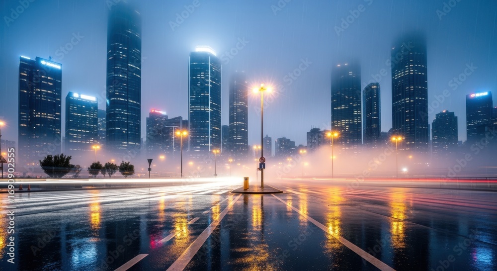 Fototapeta premium Foggy cityscape night scene