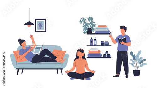 Diverse group of people enjoying relaxing activities at home including reading meditation and scrolling on a phone