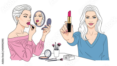 Two stylish women applying makeup and holding lipstick showcasing beauty routines and cosmetic products in a vibrant illustration style