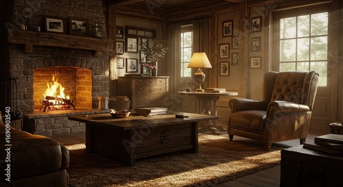 Elegant and cozy rustic cabin interior with a burning fireplace, creating a warm and relaxing home ambiance