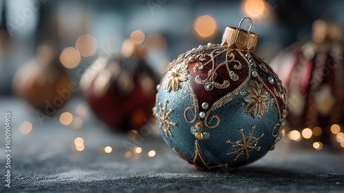 Deep blue Christmas ornament ball with intricate gold filigree patterns and sparkling beads resting on dark textured surface with warm bokeh lights in background